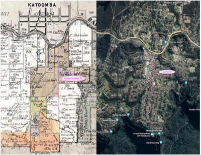 1878 NSW Government Map of Katoomba Land Portions and Owners and 2018 Google map of the same area. Lurline Street is annotated.