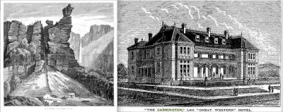 1886 Katoomba Coal Company operations below Orphan Rock by Samuel Calvert and the Carrington Hotel promotional image.