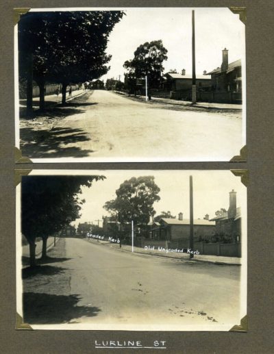 1925-27 Lurline St looking north before and after works, City Council Engineers Album, Leslie Graham, Blue Mountains Library.